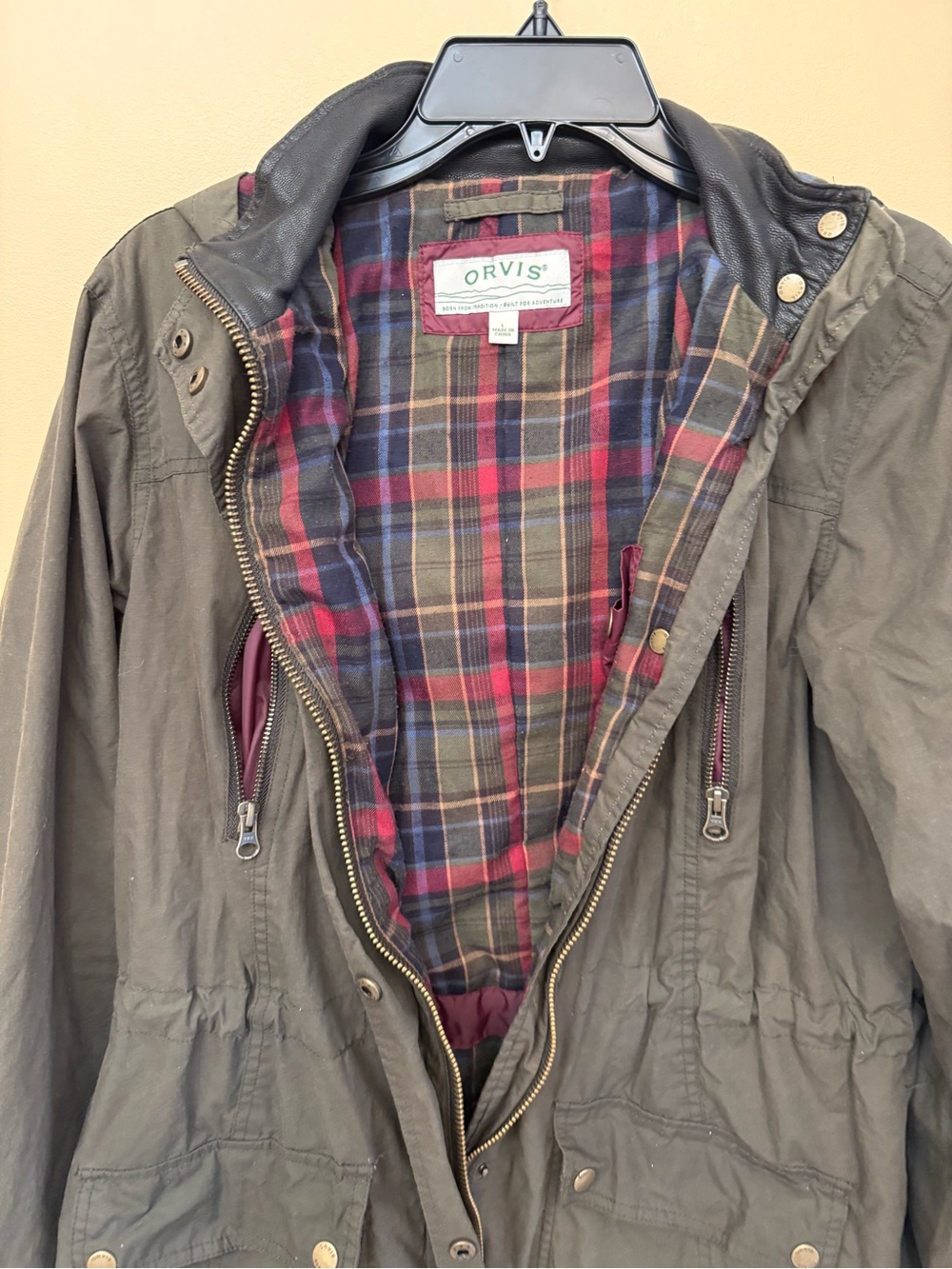 Orvis Plaid Flannel-Lined Jacket in Olive and Red Tones leather collar hood - Picture 2 of 11